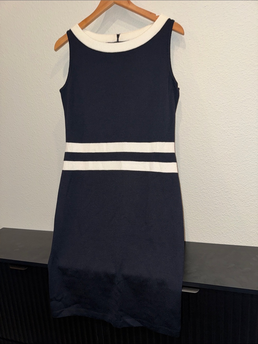 ST.JOHN COLLECTION SANTANA KNIT NAVY BLUE SLEEVELESS WOOL BLEND DRESS